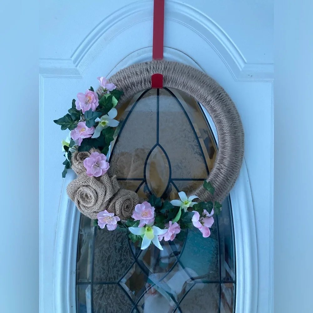 Unique handmade Spring Burlap Rose Floral Wreath, 16”, home decor, pink tan